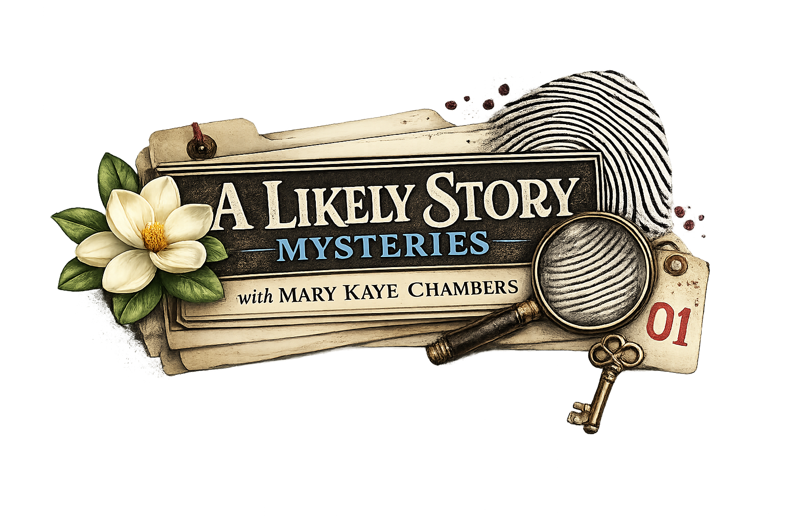 Logo for A Likely Story Mysteries featuring a vintage detective-themed sign surrounded by layered case files, a magnifying glass, a large fingerprint, a magnolia blossom, and an antique key. The logo combines cozy Southern charm with classic mystery elements and includes the tagline “with Mary Kaye Chambers.”