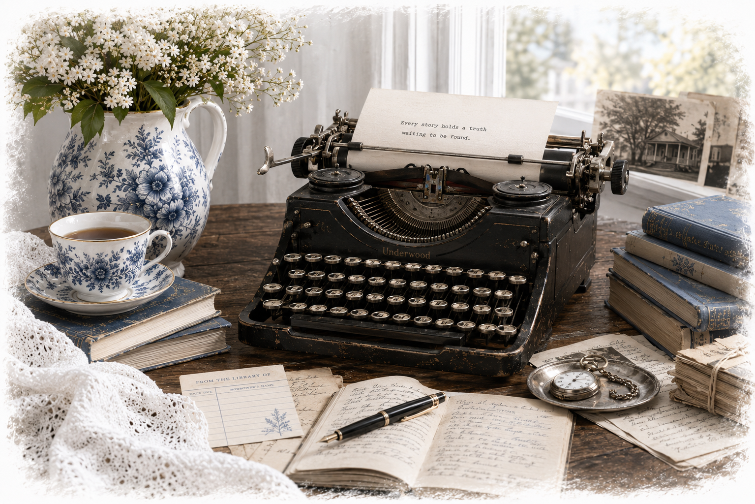 A bright, painterly editorial illustration of a vintage writer’s desk bathed in soft natural daylight. At the center sits a well-worn black typewriter surrounded by handwritten pages, a fountain pen, a pocket watch, and stacks of blue antique books. A blue-and-white floral porcelain pitcher overflowing with delicate white blossoms anchors the left side of the scene, while a matching teacup rests atop a stack of books nearby. The desk is crafted from rich dark walnut wood with visible grain and character. Soft white lace drapes across one corner, adding texture and warmth. The background window is lightly blurred, allowing the typewriter and writing materials to remain the focal point. The entire image features photorealistic depth with painterly brushwork, luminous whites, cool blue accents, and soft feathered vignette edges that gently fade into white around the perimeter. The mood is calm, literary, inviting, and distinctly reminiscent of a cozy mystery author’s workspace.