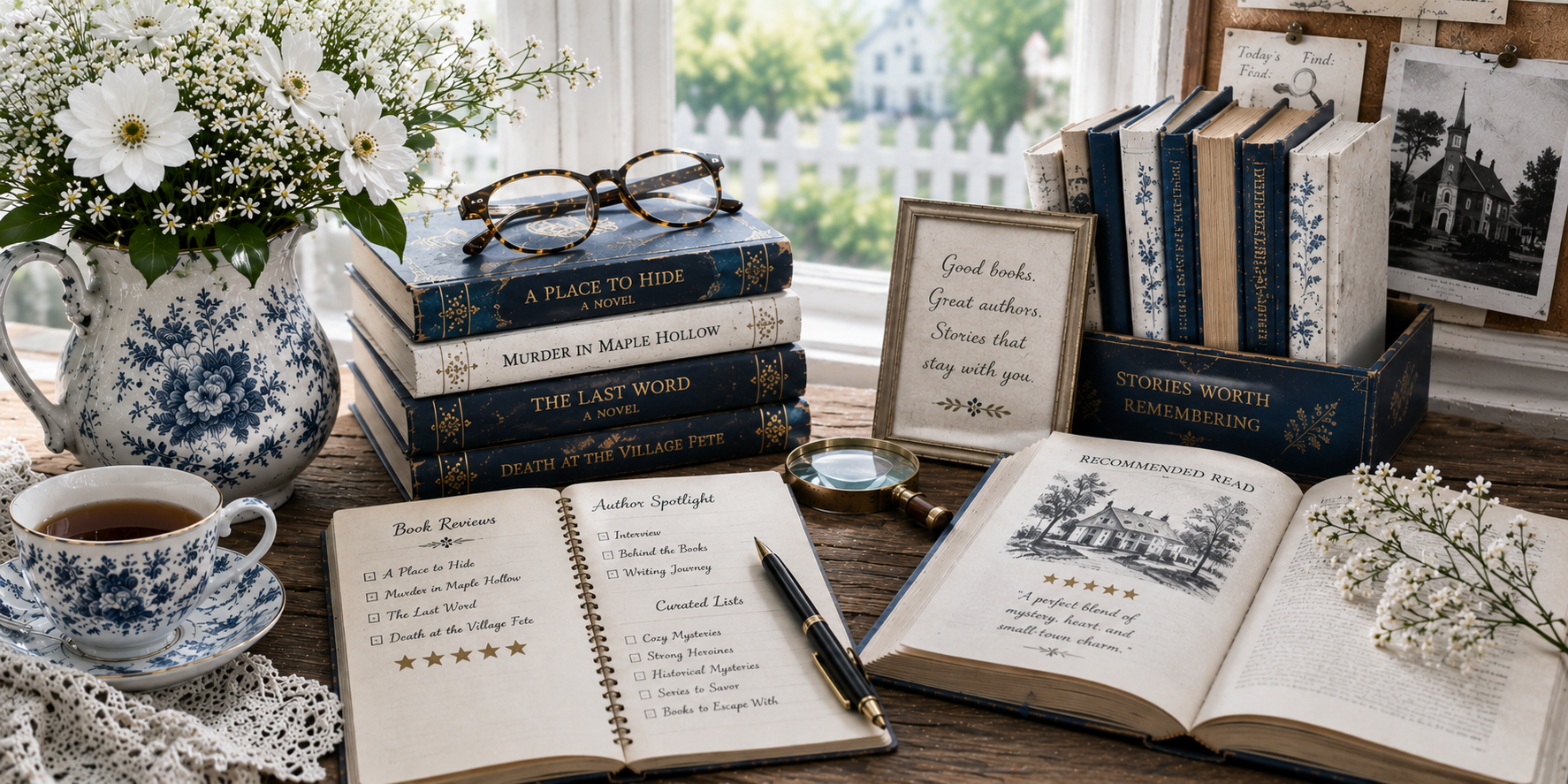 A bright Southern-inspired reading and book discovery scene arranged on a walnut wood table beside a sunlit window. A blue-and-white toile pitcher filled with white flowers stands beside stacks of mystery novels, an open notebook containing book reviews and author spotlight notes, and an open book featuring recommended reads. A magnifying glass, fountain pen, framed literary quote, and a box of favorite books complete the display. Through the window, a white church and picket fence create a peaceful small-town backdrop. The image represents book recommendations, author spotlights, literary discoveries, and stories worth sharing.