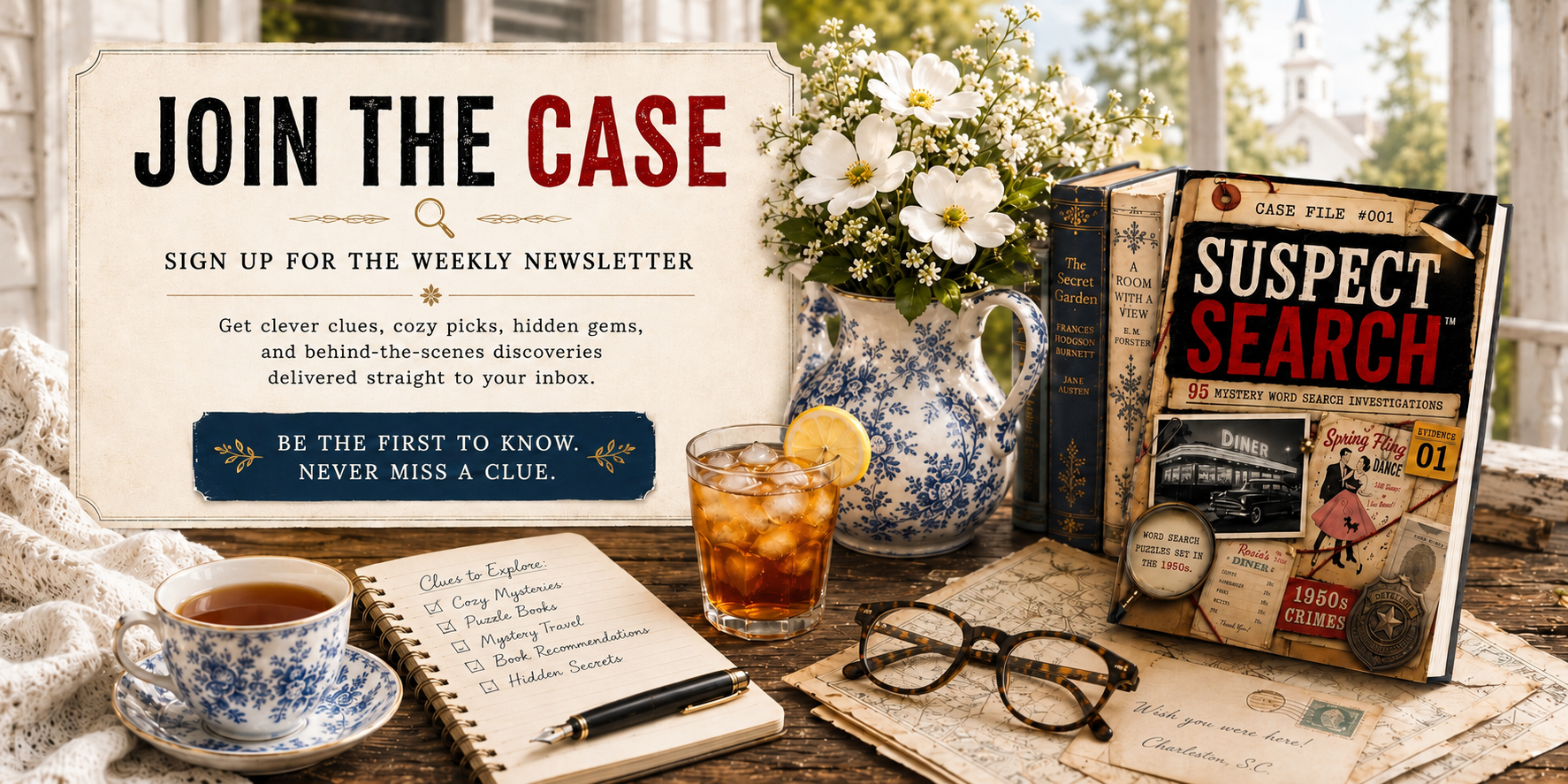Newsletter signup banner featuring a cozy mystery-themed Southern porch scene. A sign reading “Join the Case” invites readers to subscribe to the weekly newsletter. Nearby are a mystery puzzle book, blue-and-white toile pottery filled with white flowers, sweet tea, a teacup, vintage maps, reading glasses, and a notebook listing cozy mysteries, puzzle books, mystery travel, book recommendations, and hidden secrets. A white church is visible in the background.