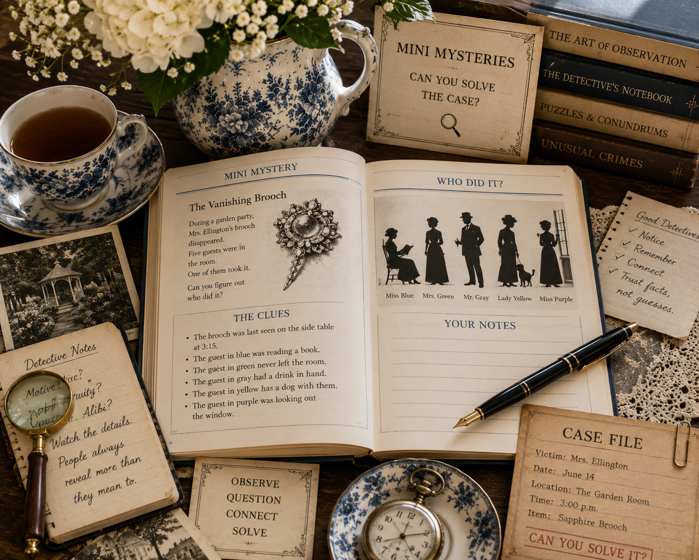 A bright mystery-themed tabletop scene designed around an interactive puzzle for readers. An open book displays a fictional mystery case involving a missing brooch, complete with clues, suspects, and space for detective notes. Surrounding the book are a blue-and-white toile teacup, matching flower pitcher filled with white blooms, a magnifying glass, a pocket watch, handwritten case files, vintage photographs, and mystery-themed books. The image evokes the experience of solving a cozy mystery from the comfort of home.